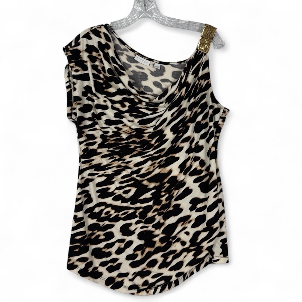 New York & Company Leopard Print Cowl Neck Top Gold Chain Strap Large Womens